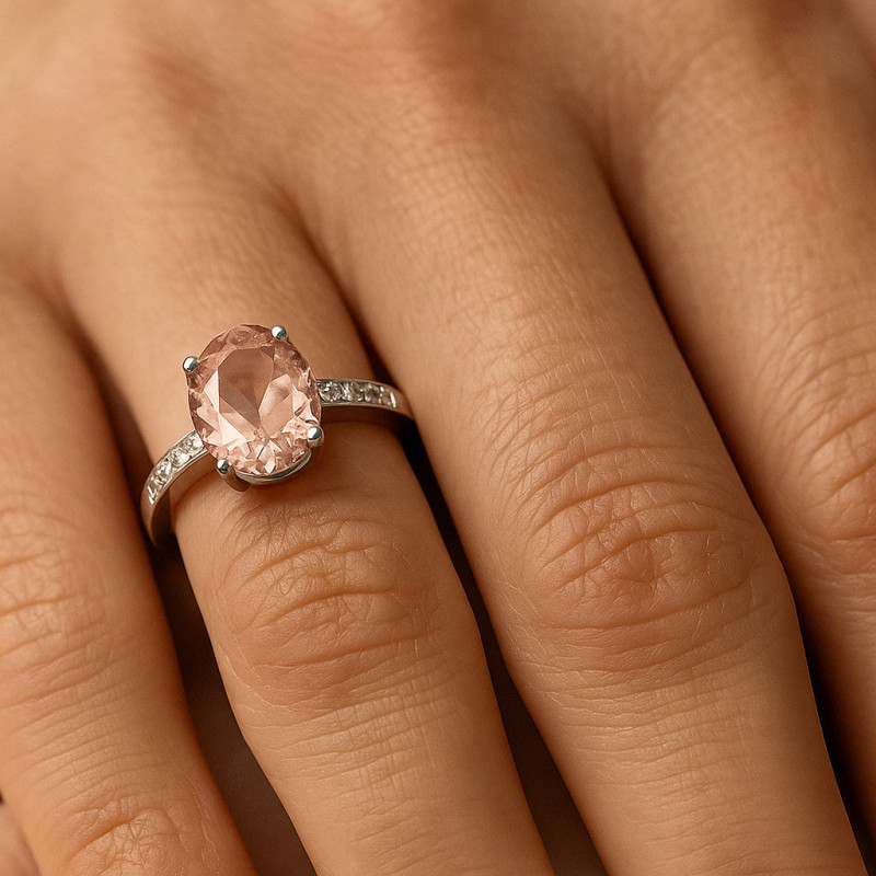 Sterling Silver Ring "Pink Glow" with Rose Quartz and Zirconia | Elegant Jewelry Sterling Silver Ring "Pink Glow" with Rose Quartz and Zirconia | Elegant Jewelry