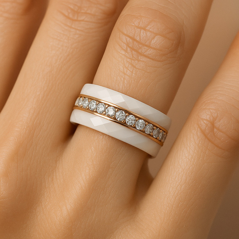 "Aura" Ring – White Ceramic, Rose Gold & Zircons "Aura" Ring – White Ceramic, Rose Gold & Zircons