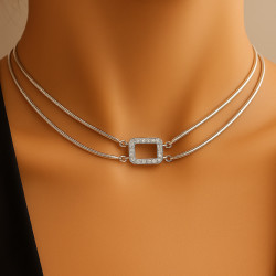 Sterling Silver Necklace “Linear Glow” with Zirconia and Double Chains – 38+5 cm