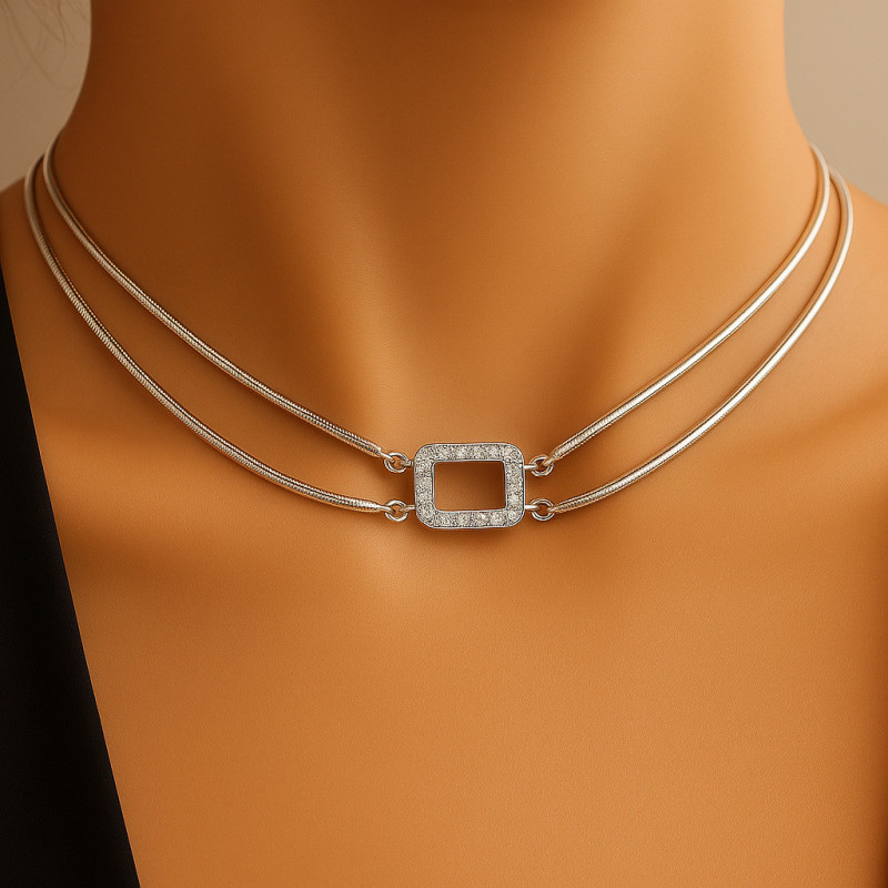 Sterling Silver Necklace “Linear Glow” with Zirconia and Double Chains – 38+5 cm Sterling Silver Necklace “Linear Glow” with Zirconia and Double Chains – 38+5 cm
