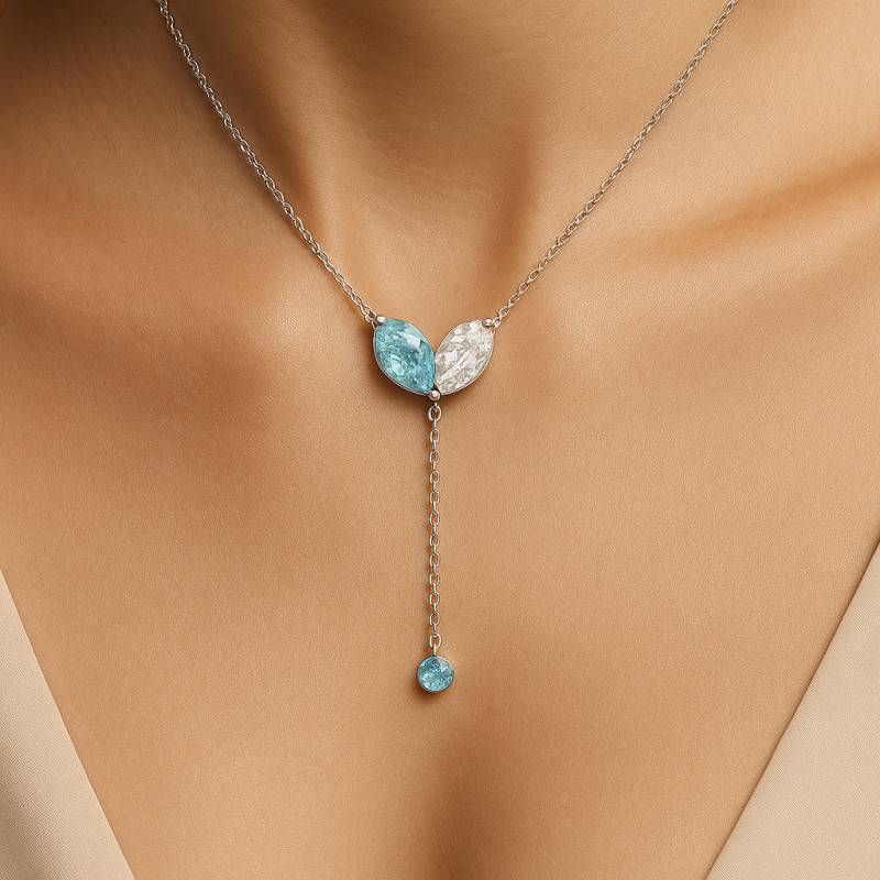"Two Souls" Necklace – sterling silver with rhodium plating, aquamarine and zircon "Two Souls" Necklace – sterling silver with rhodium plating, aquamarine and zircon