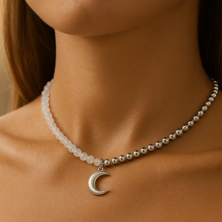 "Moon Whisper" Necklace – sterling silver with rhodium plating, faceted moonstone, 38+5 cm