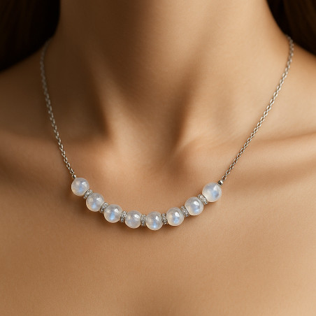 "Moon Harmony" Necklace – faceted moonstone and sterling silver elements with zircon, 45+5 cm