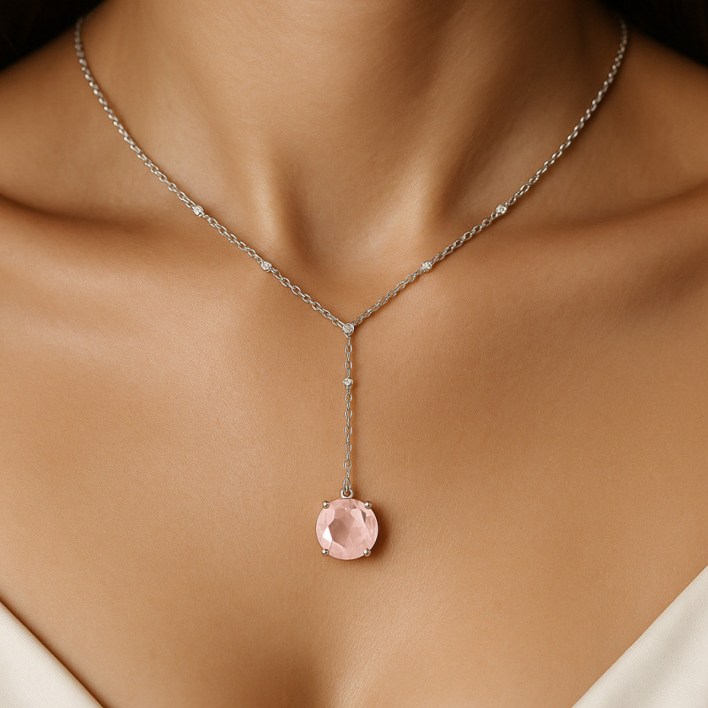 "Pink Secret" Necklace – faceted rose quartz and zircon, Y-shaped, 45+5 cm "Pink Secret" Necklace – faceted rose quartz and zircon, Y-shaped, 45+5 cm