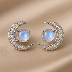 “Moon Magic” Earrings – Sterling Silver Moonstone & Zircon Studs | Luxury Jewelry