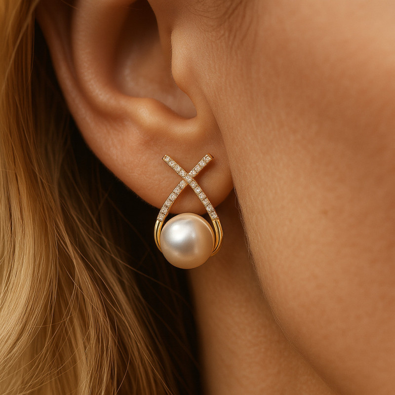 Перлено сияние – позлатени обеци с имитация на перла и циркони | 14K PVD