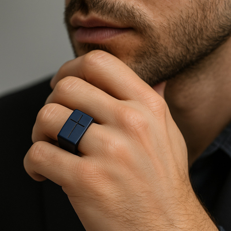 "Truth" Ring – Stainless Steel with Matte Blue Titanium and Engraved Cross, 8mm "Truth" Ring – Stainless Steel with Matte Blue Titanium and Engraved Cross, 8mm